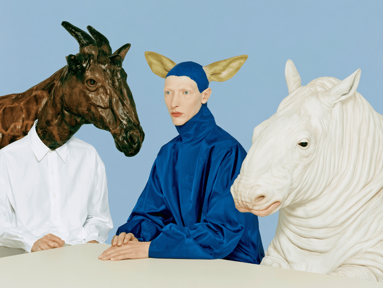 Three surreal animal characters meeting around an office table